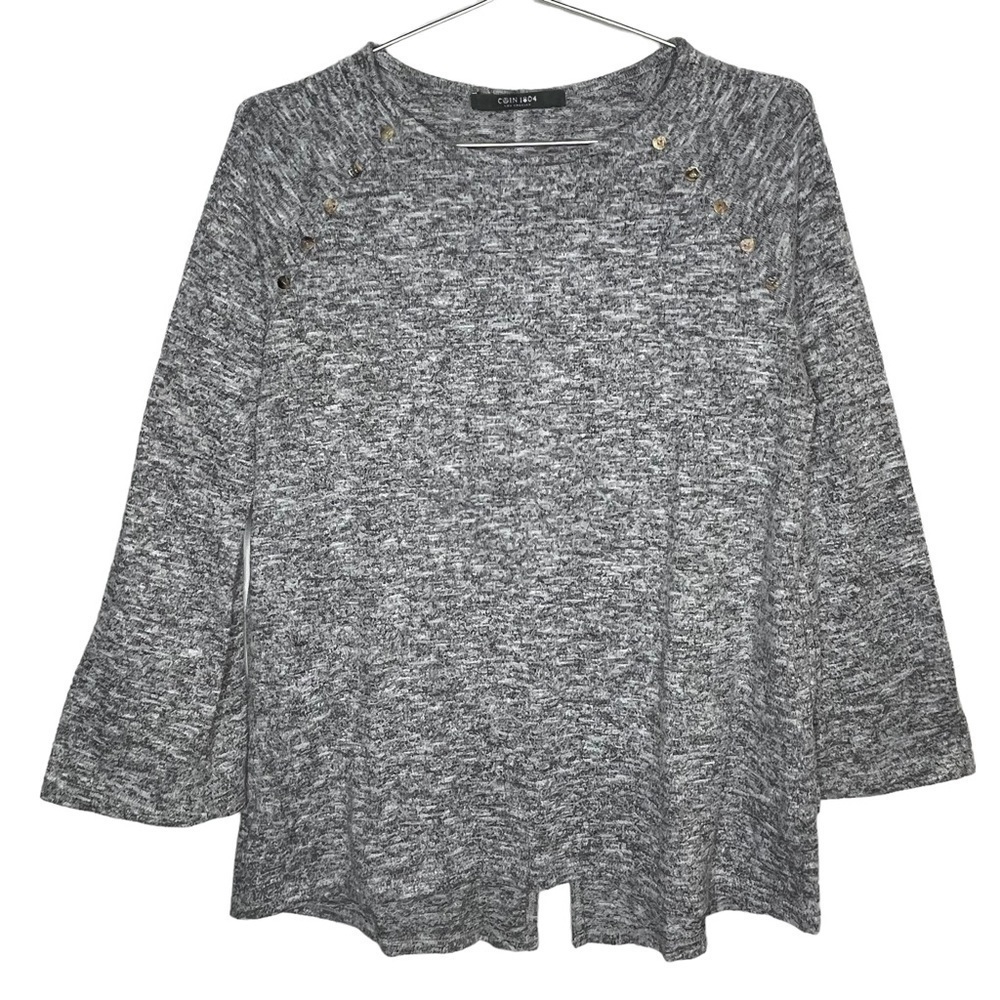 COIN 1804 Long Sleeve Sweater Button Detail Bell Sleeve Heather Grey High Low